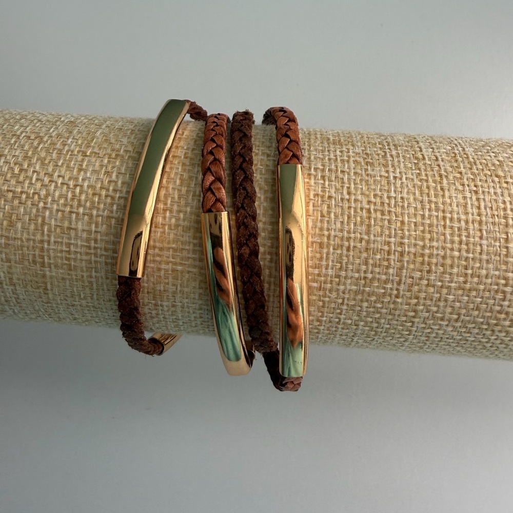 Lizzy James Mini Addison Brown Braided Leather with Gold Accents Wrap Bracelet